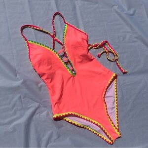 Popvil One Piece Swimsuit Tummy Control Deep V Neck Neon Back Tie Bright
